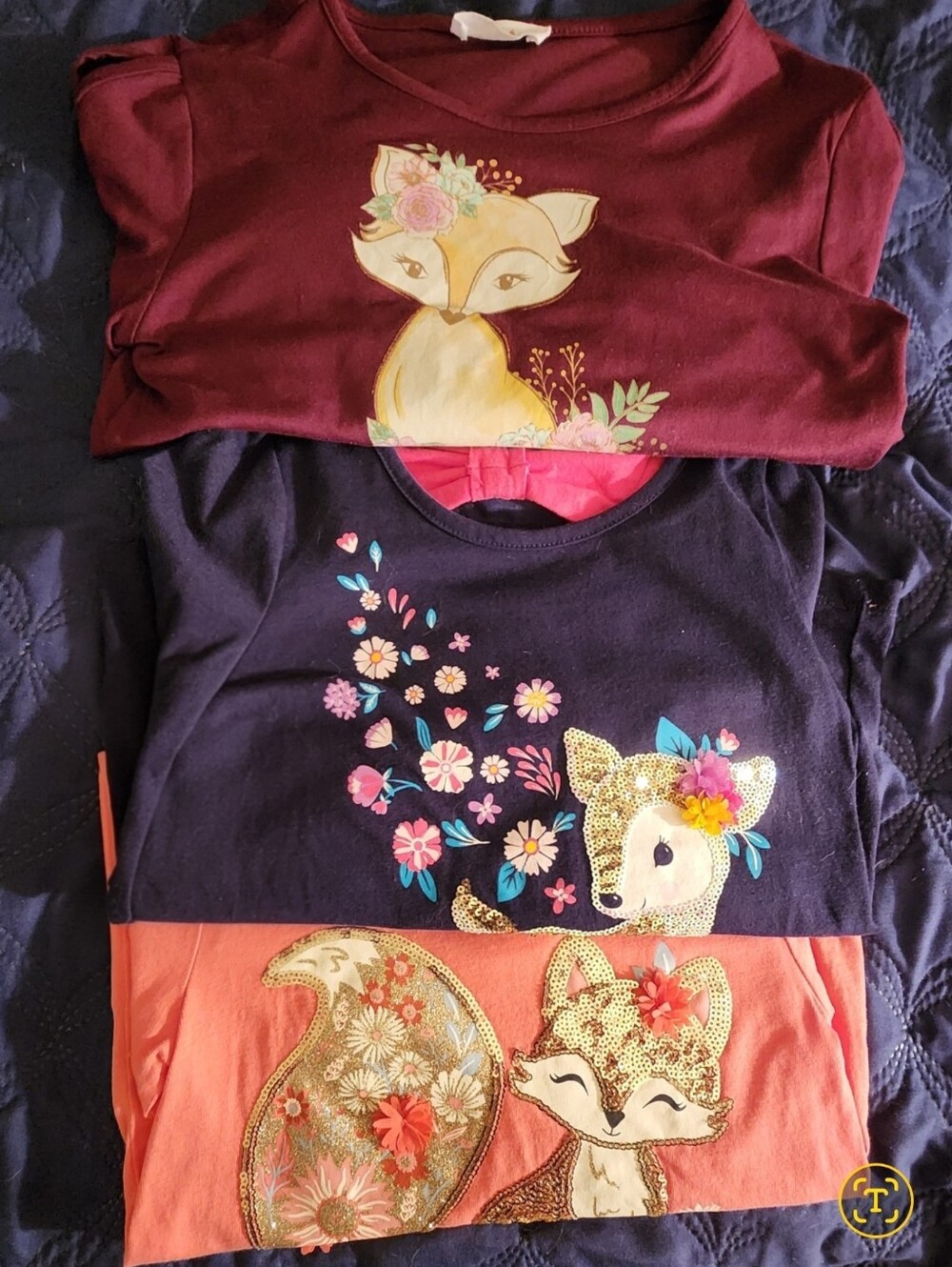 Girls 7/8 Woodland Fox Deer Sequin Floral Long Sleeve Top Bundle of 3
